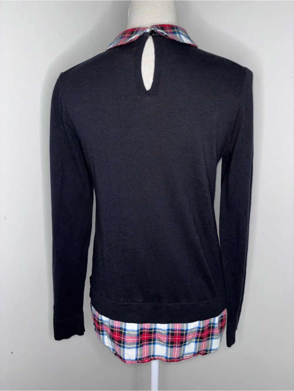 J. Crew plaid collar faux layered black sweater long sleeve size Small